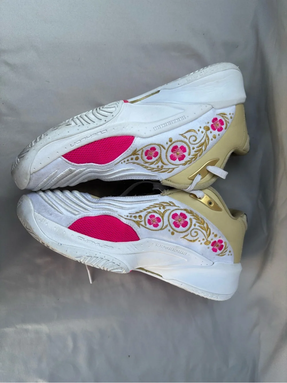 Jordan Men's White Sneakers with Pink Floral and Gold Accents